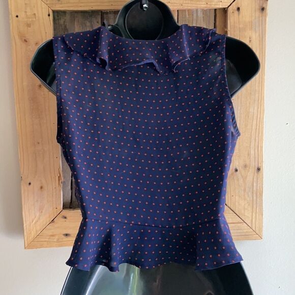 Forever 21 Sheer Peplum Navy and Orange Polkadot Crop Top Size Small - Picture 6 of 12
